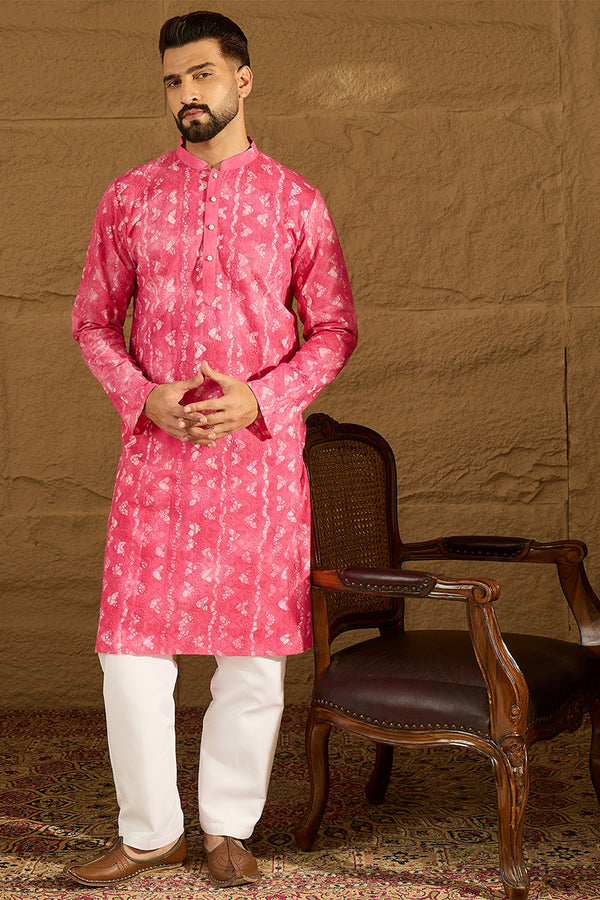 Pink Cotton Batik Embroidered Straight Kurta with Trouser MKSET1678