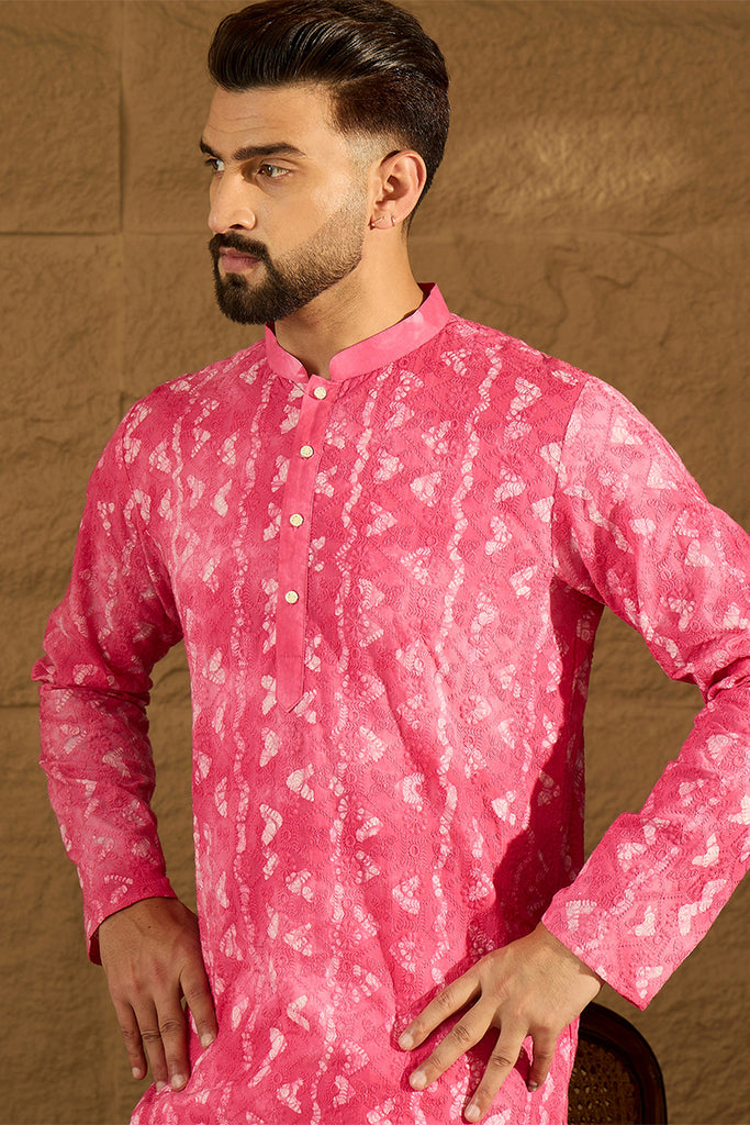 Pink Cotton Batik Embroidered Straight Kurta with Trouser MKSET1678