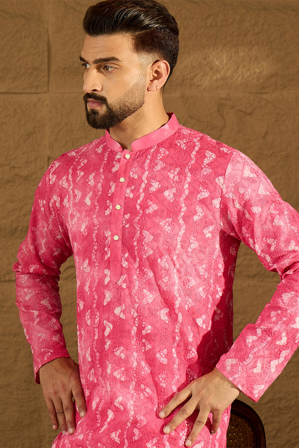 Pink Cotton Batik Embroidered Straight Kurta MKU1678