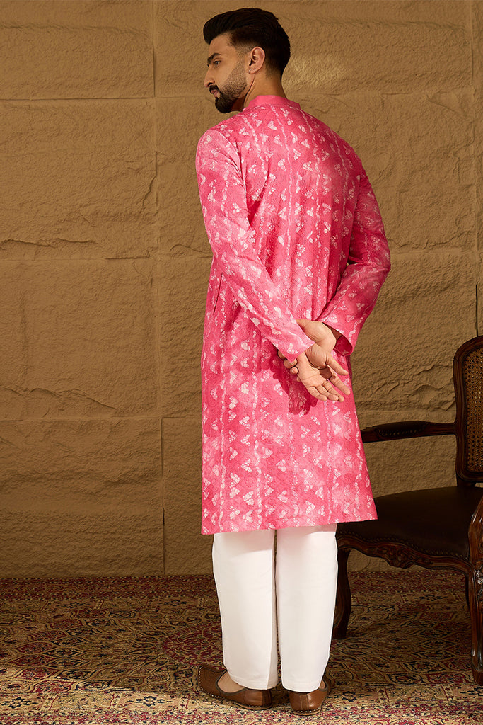 Pink Cotton Batik Embroidered Straight Kurta with Trouser MKSET1678