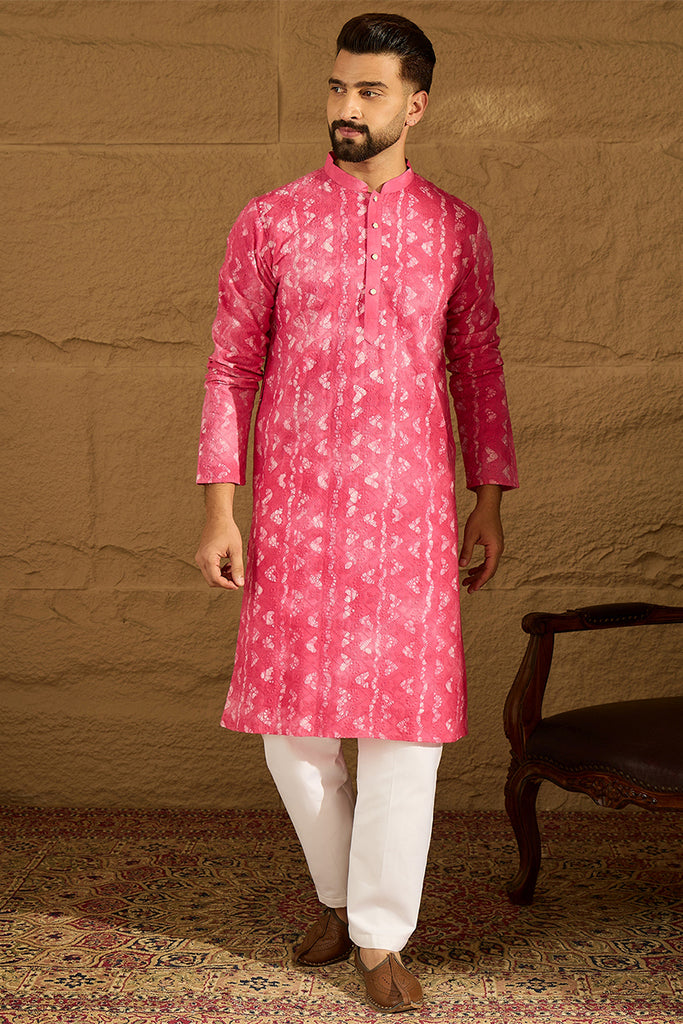Pink Cotton Batik Embroidered Straight Kurta MKU1678