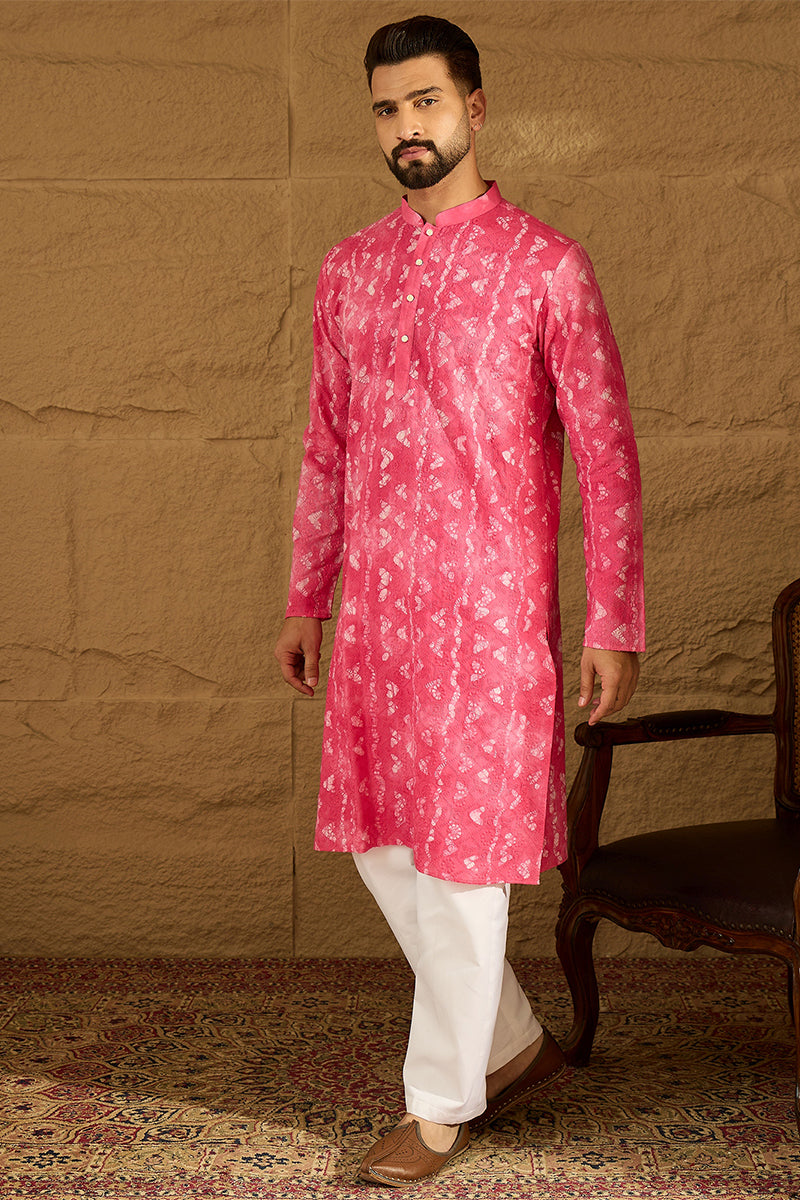 Pink Cotton Batik Embroidered Straight Kurta with Trouser MKSET1678