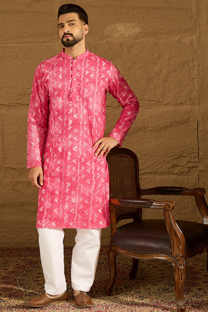 Pink Cotton Batik Embroidered Straight Kurta with Trouser MKSET1678