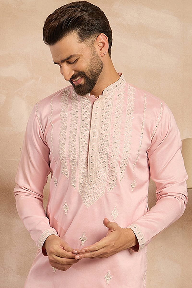 Pink Silk Geometric Embroidered Straight Kurta MKU1683
