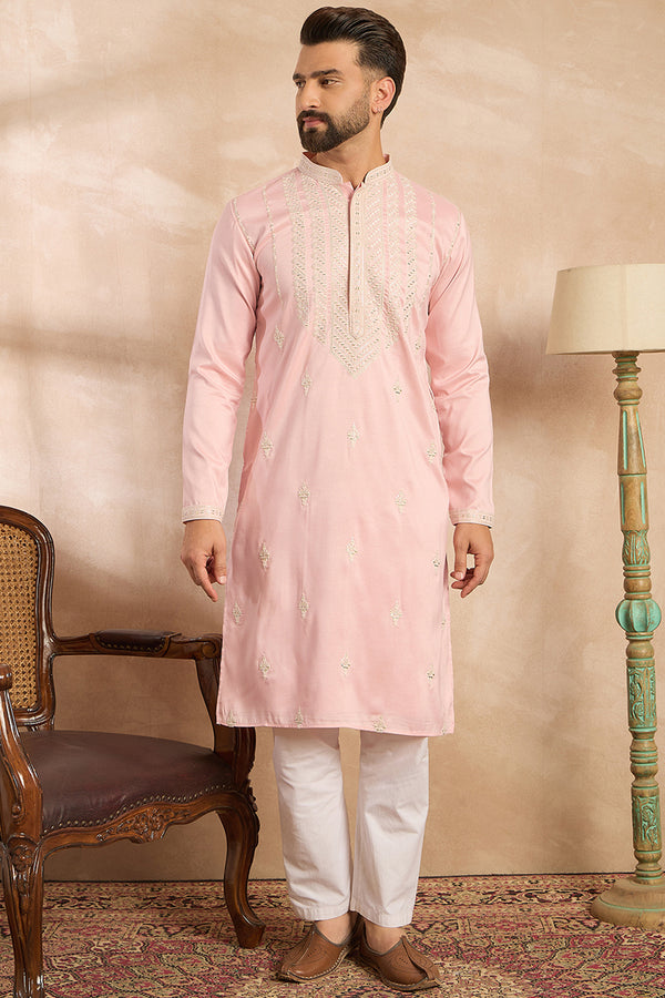 Pink Silk Geometric Embroidered Straight Kurta MKU1683