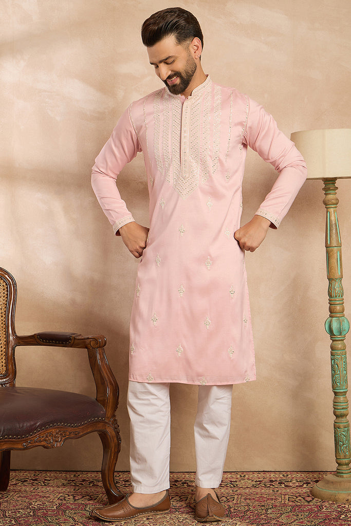Pink Silk Geometric Embroidered Straight Kurta MKU1683