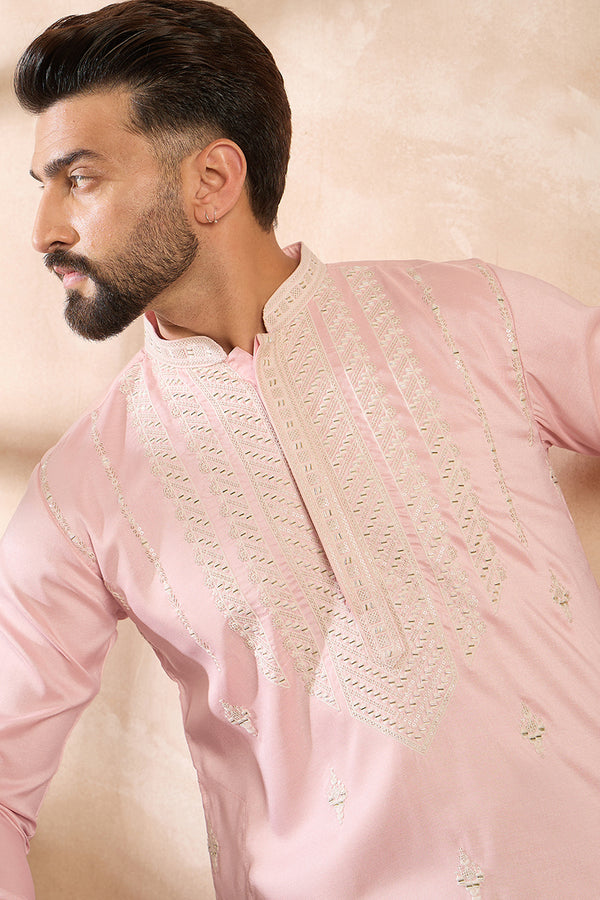 Pink Silk Geometric Embroidered Straight Kurta MKU1683