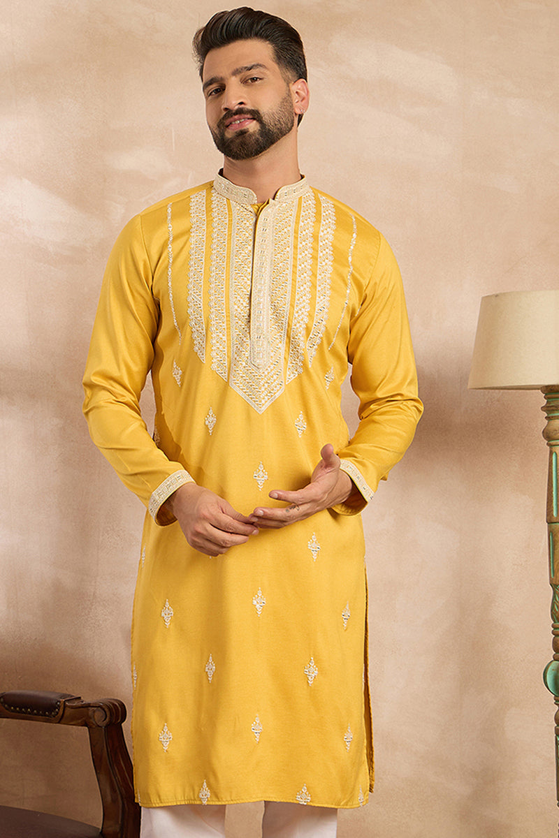 Yellow Silk Blend Geometric Embroidered Straight Kurta MKU1685