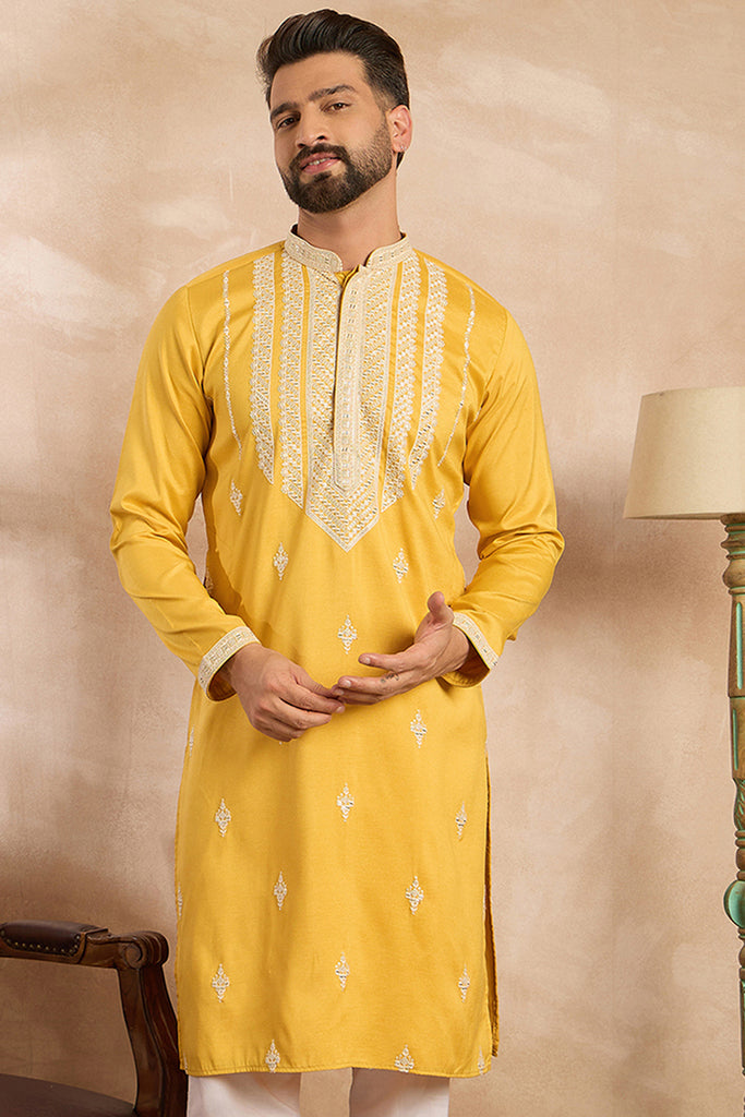 Yellow Silk Blend Geometric Embroidered Straight Kurta MKU1685