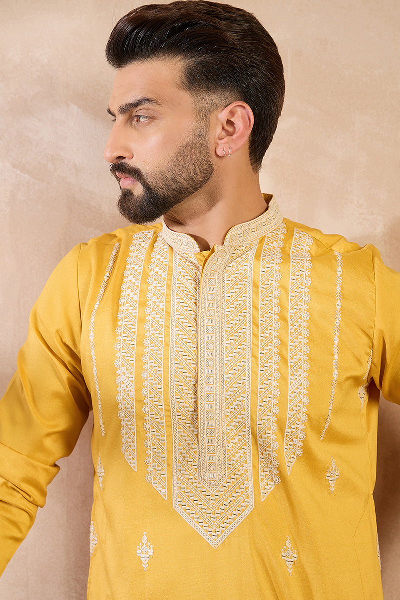 Yellow Silk Blend Geometric Embroidered Straight Kurta MKU1685