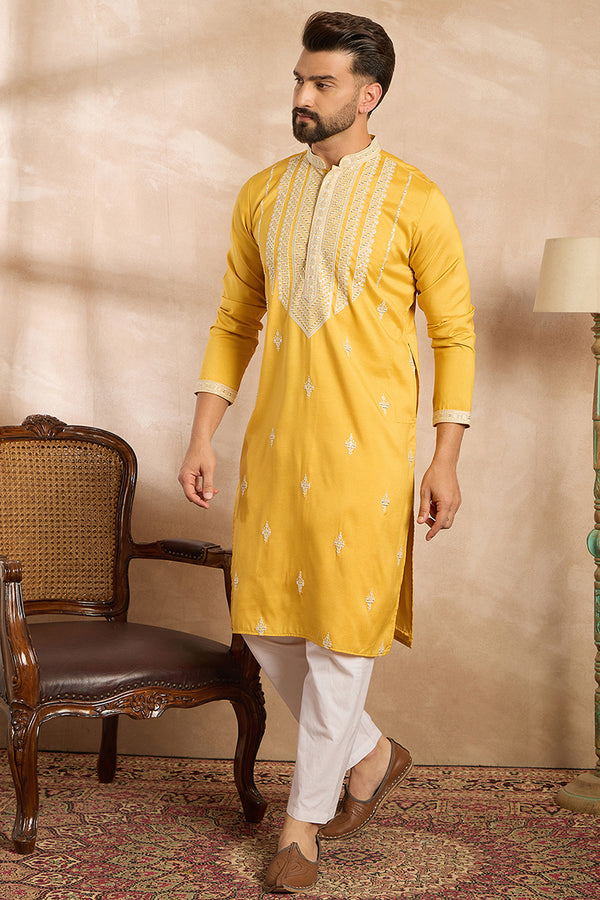 Yellow Silk Blend Geometric Embroidered Straight Kurta MKU1685