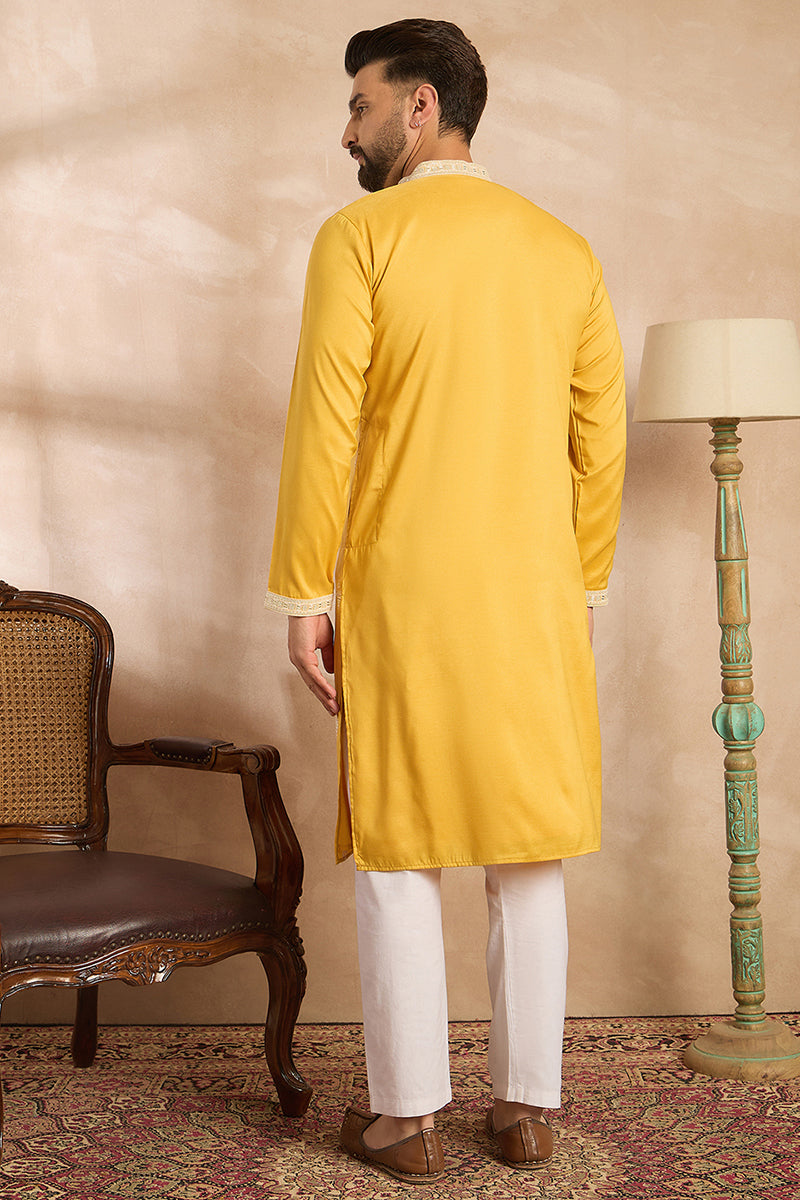 Yellow Silk Blend Geometric Embroidered Straight Kurta MKU1685