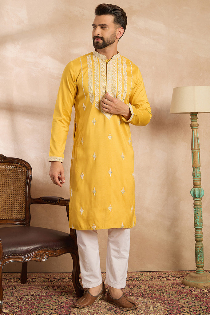 Yellow Silk Blend Geometric Embroidered Straight Kurta MKU1685