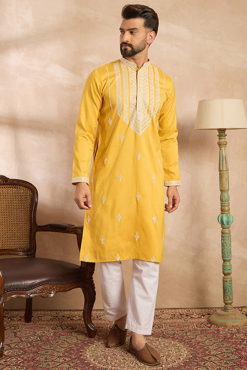 Yellow Silk Blend Geometric Embroidered Straight Kurta MKU1685