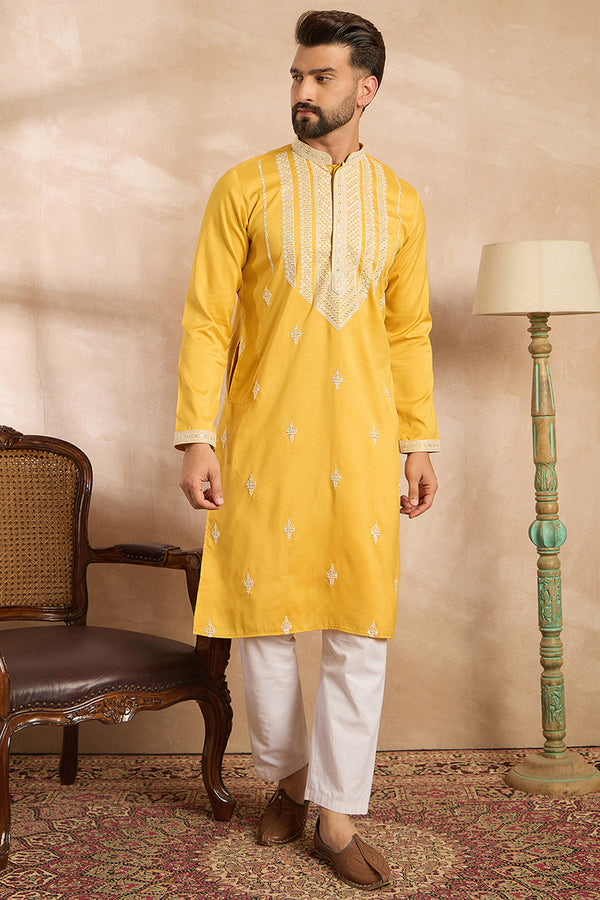 Yellow Silk Blend Geometric Embroidered Straight Kurta MKU1685