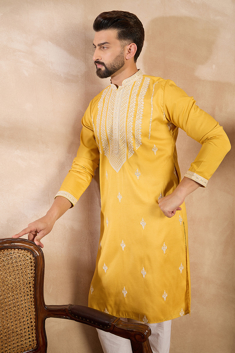 Yellow Silk Blend Geometric Embroidered Straight Kurta MKU1685