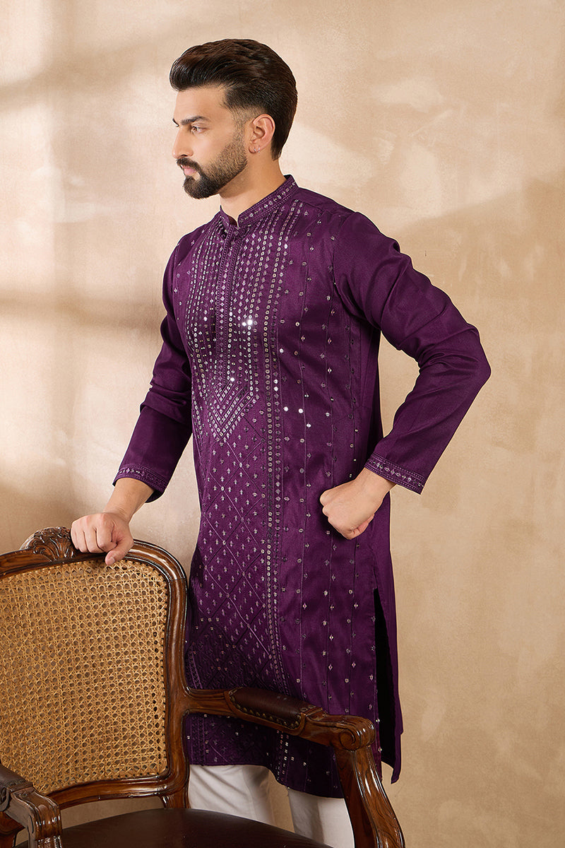 Purple Silk Blend Geometric Embroidered Straight Kurta MKU1687