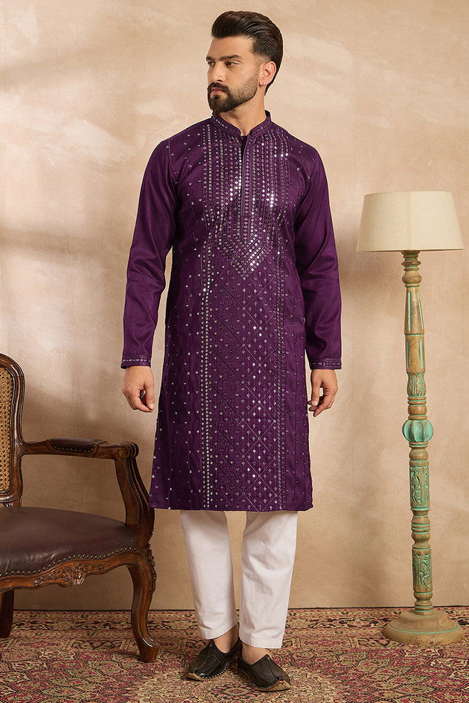 Purple Silk Blend Geometric Embroidered Straight Kurta MKU1687