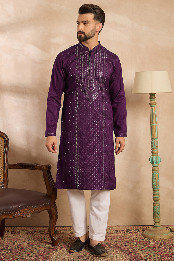 Purple Silk Blend Geometric Embroidered Straight Kurta MKU1687
