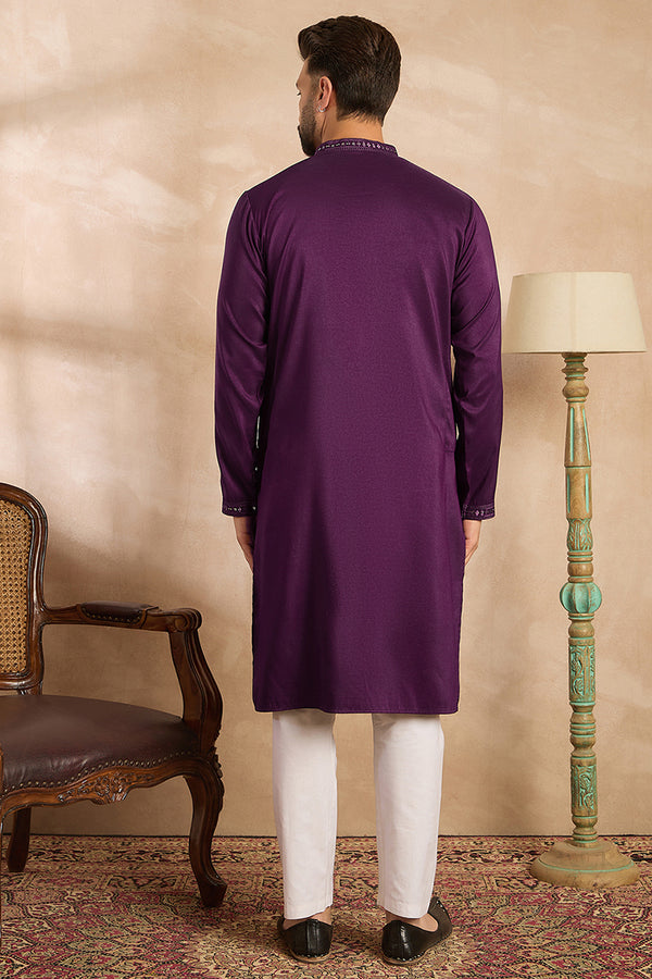 Purple Silk Blend Geometric Embroidered Straight Kurta MKU1687