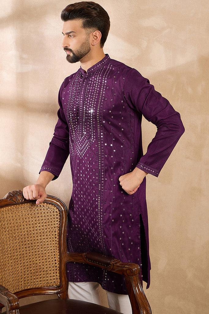 Purple Silk Blend Geometric Embroidered Straight Kurta MKU1687