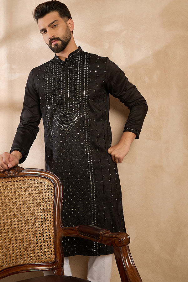 Black Silk Blend Geometric Embroidered Straight Kurta MKU1689