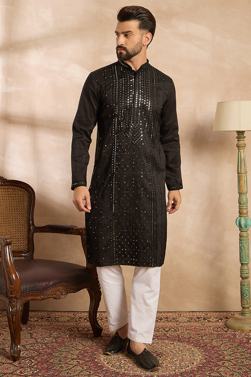 Black Silk Blend Geometric Embroidered Straight Kurta MKU1689