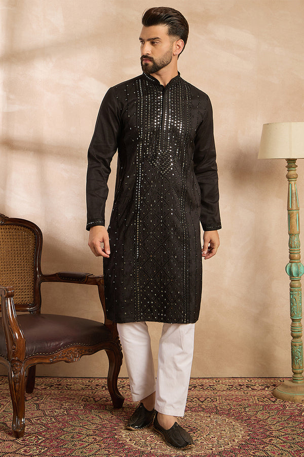 Black Silk Blend Geometric Embroidered Straight Kurta With Trouser MKSET1689