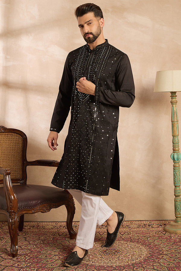 Black Silk Blend Geometric Embroidered Straight Kurta MKU1689