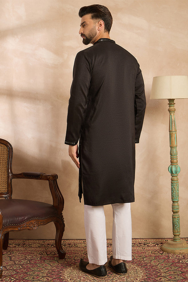 Black Silk Blend Geometric Embroidered Straight Kurta MKU1689