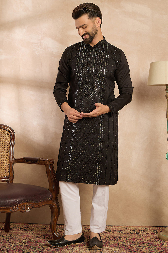 Black Silk Blend Geometric Embroidered Straight Kurta MKU1689