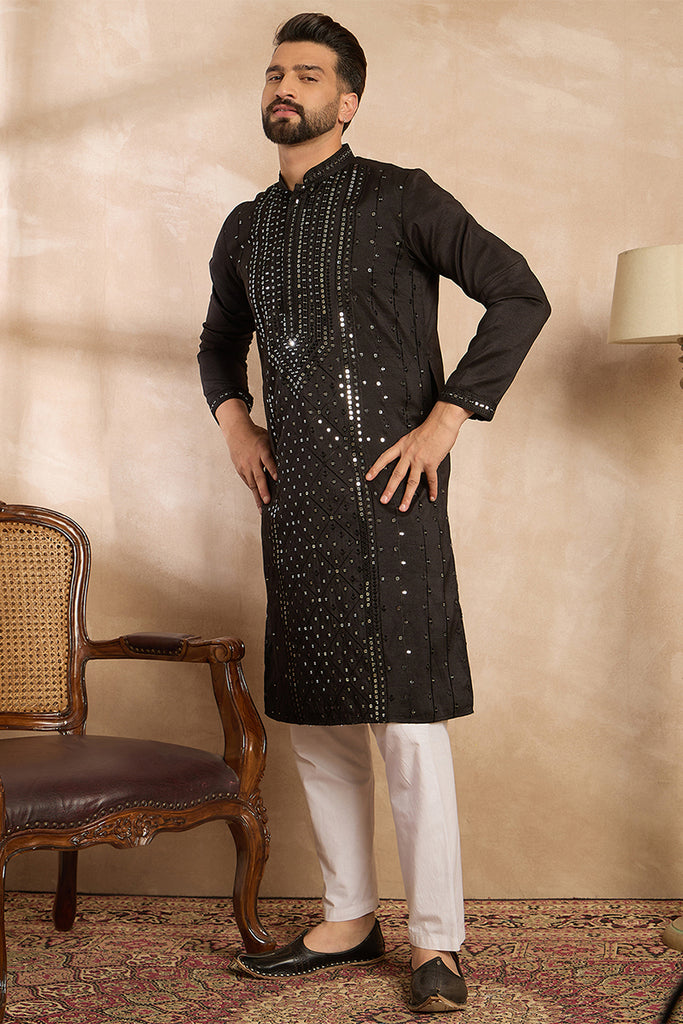 Black Silk Blend Geometric Embroidered Straight Kurta MKU1689