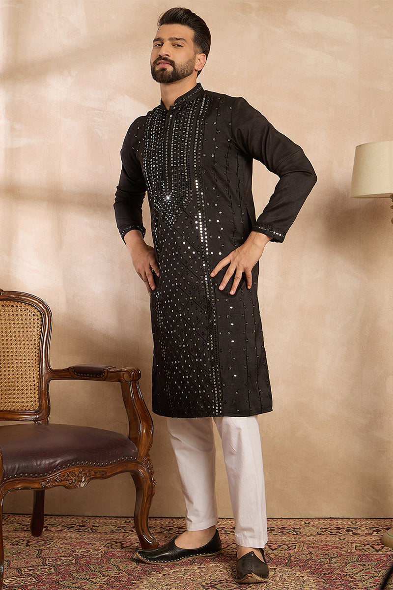 Black Silk Blend Geometric Embroidered Straight Kurta With Trouser MKSET1689