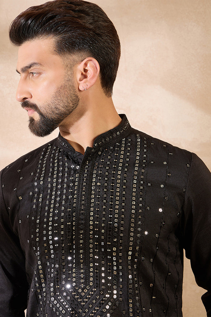 Black Silk Blend Geometric Embroidered Straight Kurta MKU1689