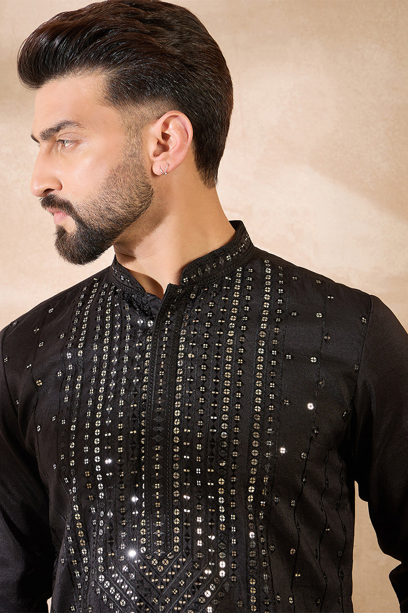 Black Silk Blend Geometric Embroidered Straight Kurta With Trouser MKSET1689