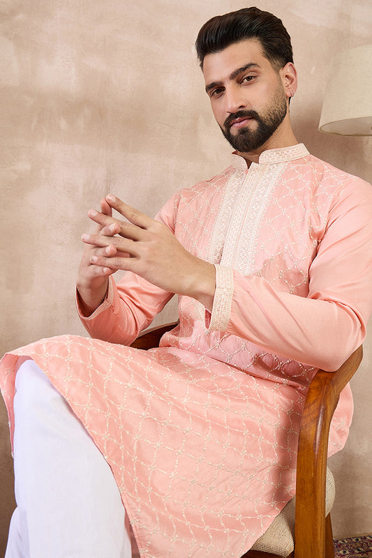 Pink Silk Blend Embroidered Mandarin Collar Straight Kurta MKU1692