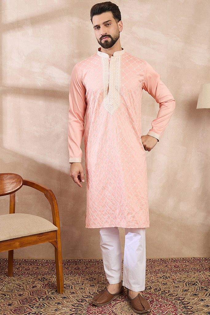 Pink Silk Blend Embroidered Mandarin Collar Straight Kurta MKU1692