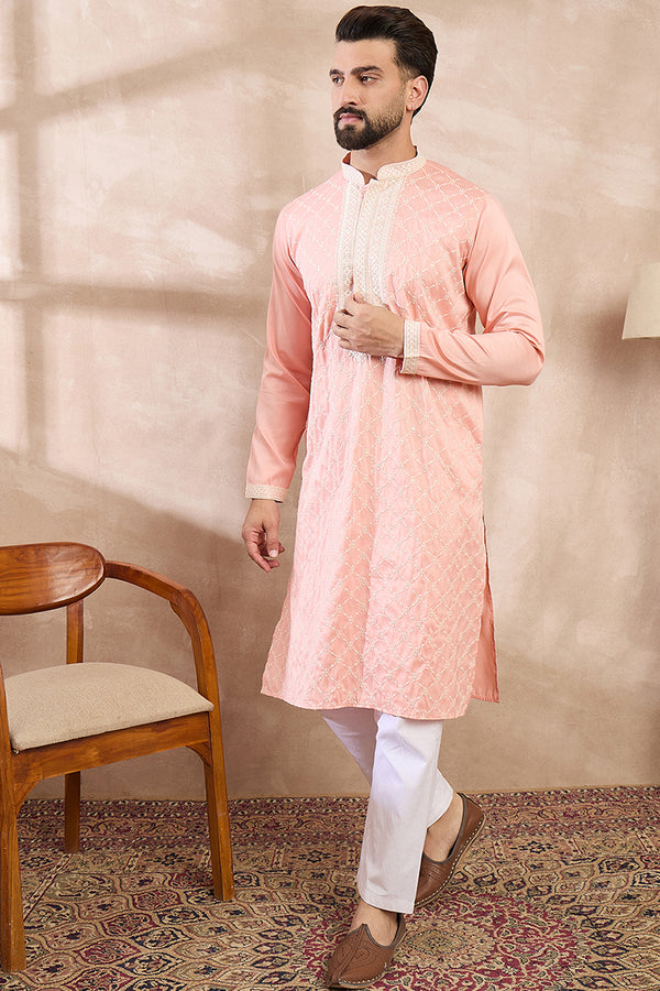 Pink Silk Blend Embroidered Mandarin Collar Straight Kurta MKU1692