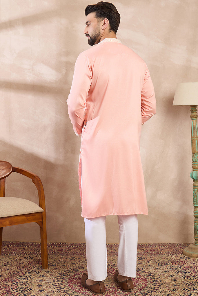 Pink Silk Blend Embroidered Mandarin Collar Straight Kurta MKU1692