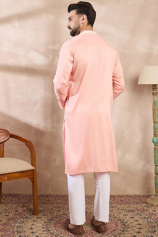 Pink Silk Blend Embroidered Mandarin Collar Straight Kurta MKU1692