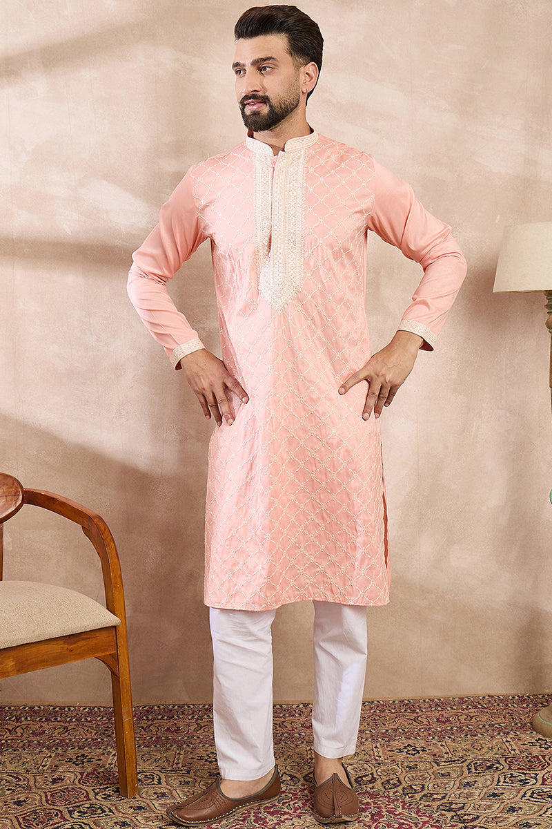 Pink Silk Blend Embroidered Mandarin Collar Straight Kurta MKU1692