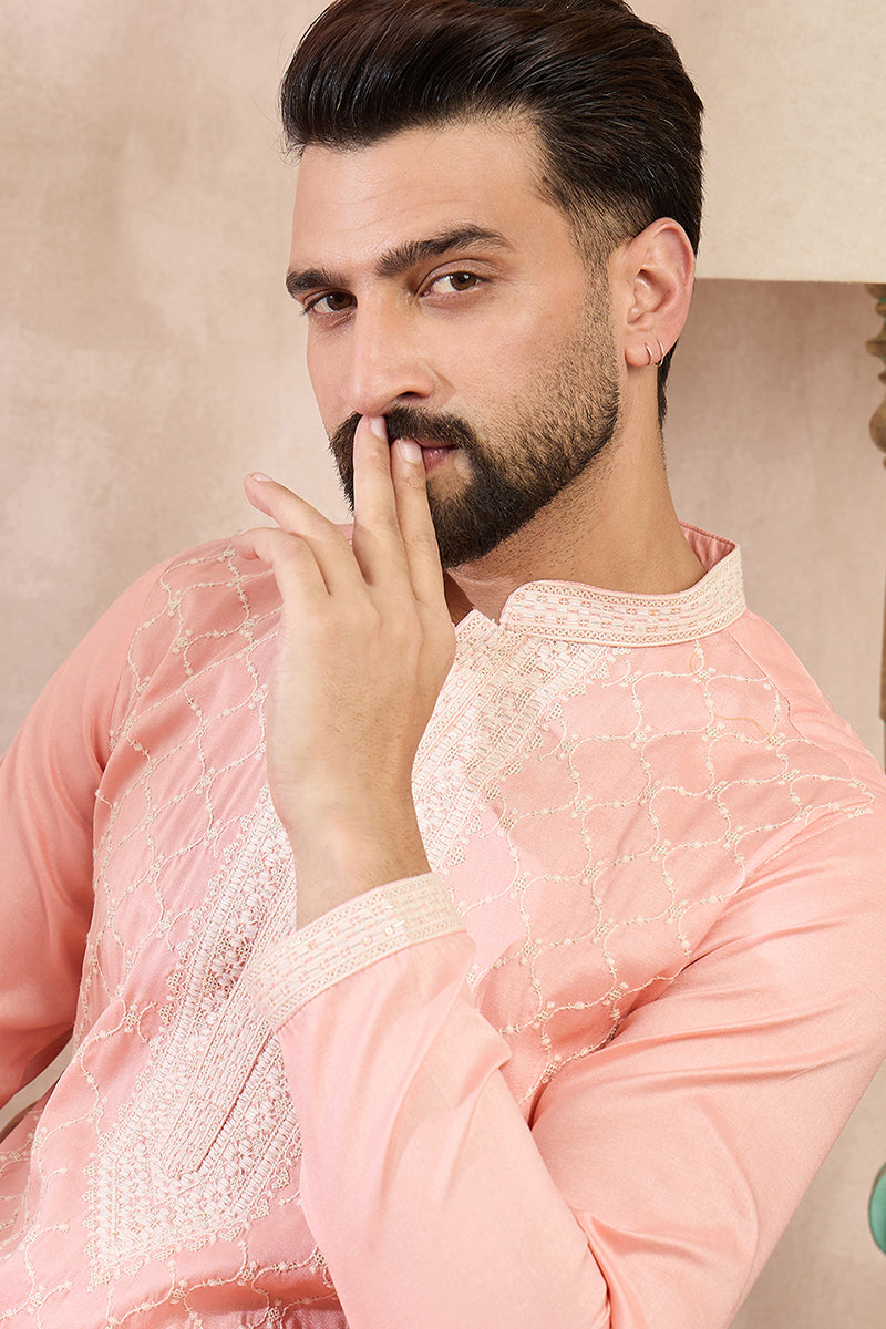 Pink Silk Blend Embroidered Mandarin Collar Straight Kurta MKU1692