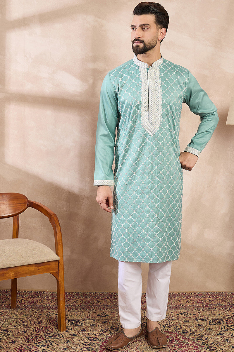 Teal Silk Blend Geometric Embroidered Straight Kurta MKU1693