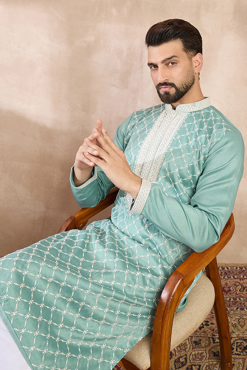 Teal Silk Blend Geometric Embroidered Straight Kurta MKU1693