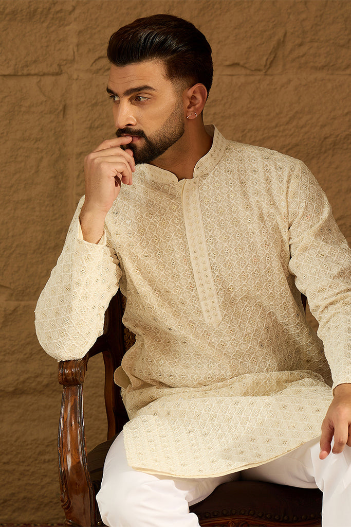 Off White Cotton Solid Printed Straight Kurta with Trouser MKSET1699
