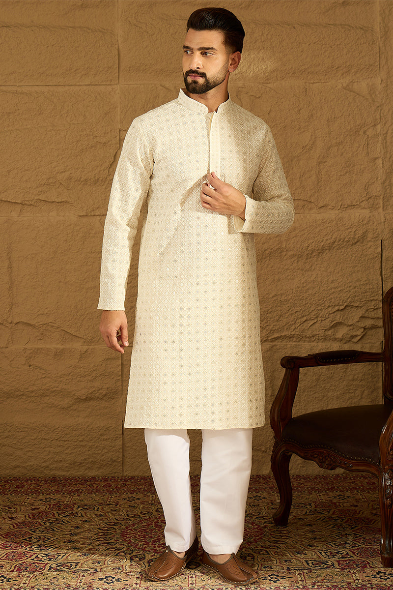 Off White Cotton Solid Printed Straight Kurta with Trouser MKSET1699
