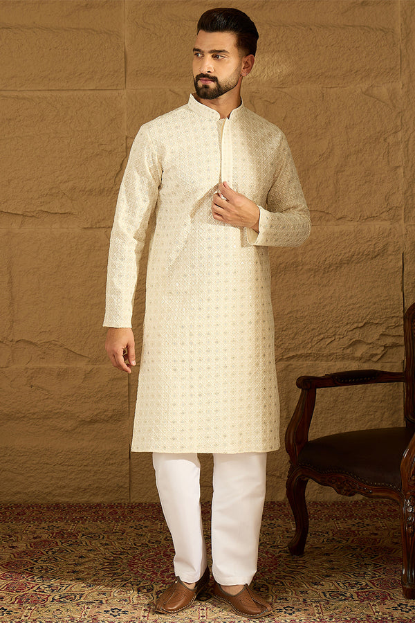Off White Cotton Solid Printed Straight Kurta with Trouser MKSET1699