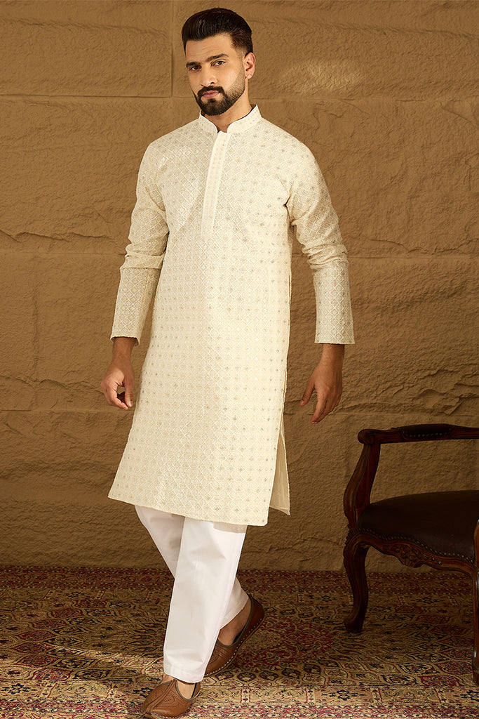 Off White Cotton Solid Printed Straight Kurta with Trouser MKSET1699