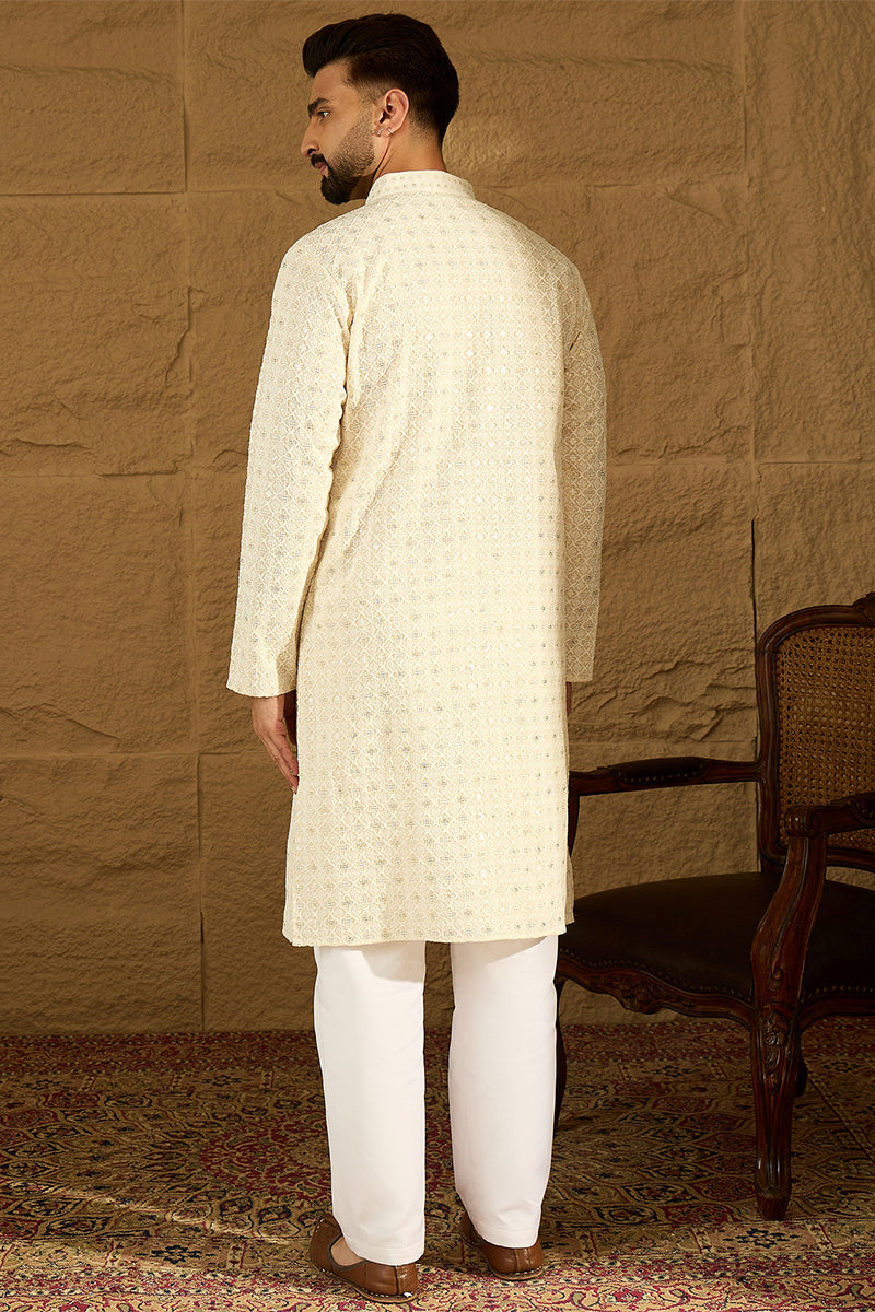 Off White Cotton Solid Printed Straight Kurta MKU1699