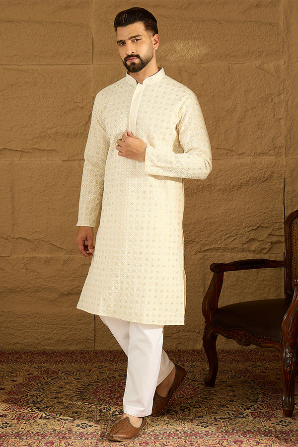Off White Cotton Solid Printed Straight Kurta with Trouser MKSET1699